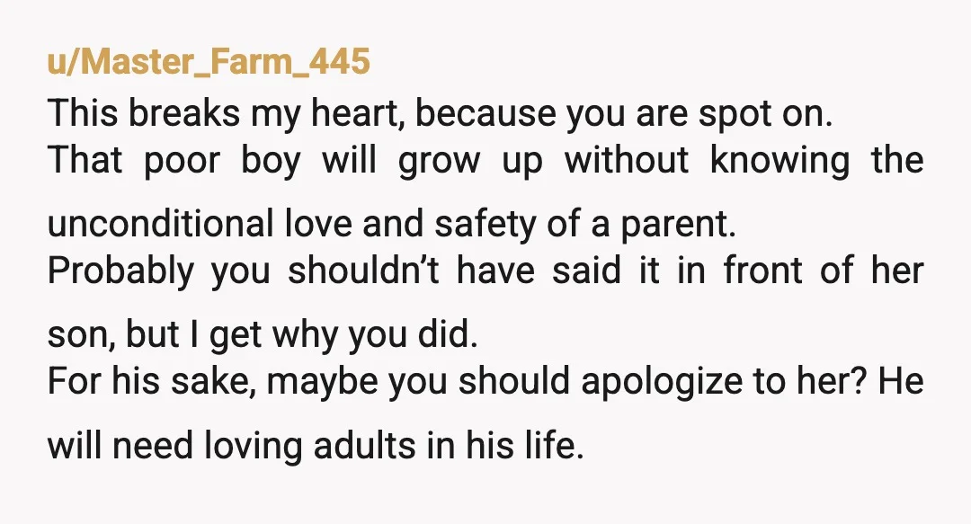 u/Master_Farm_445 This breaks my heart, because you are spot on. That poor boy will grow up without knowing the unconditional love and safety of a parent. Probably you shouldn’t have...