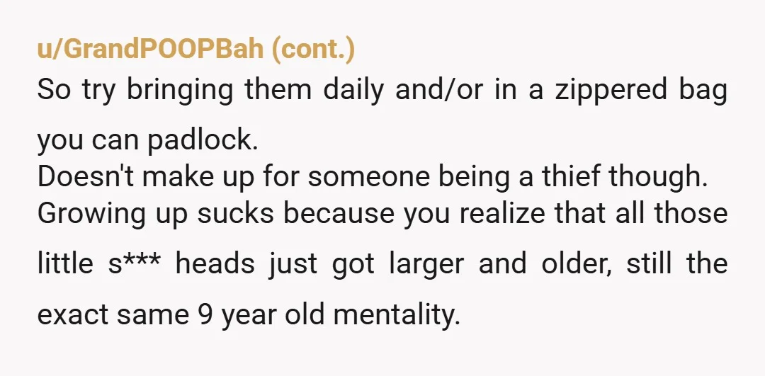 u/VampiresKitten I would be fuming. Get a lunch lockbox or get a lunch bag that you can lock all the zippers together. Also, call up HR and report the repeated...