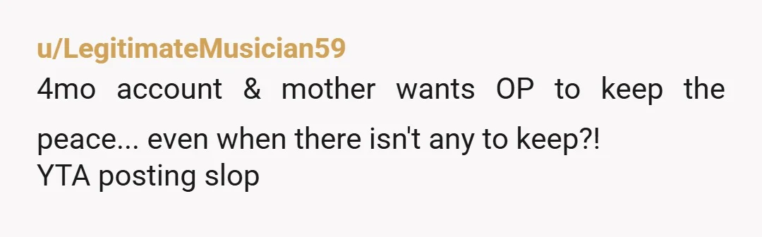 u/LegitimateMusician59
4mo account & mother wants OP to keep the peace... even when there isn't any to keep?!
YTA posting slop