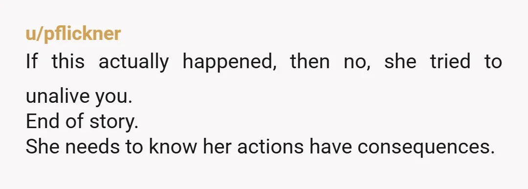 u/Ok-Cap-204
MIL would never be welcome in my home again.
She literally threatened your life.
You did not overreact.