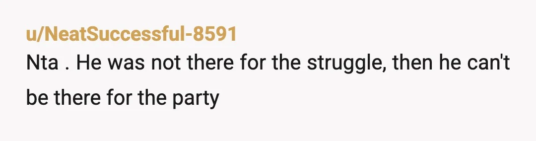 u/NeatSuccessful-8591
Nta . He was not there for the struggle, then he can't be there for the party