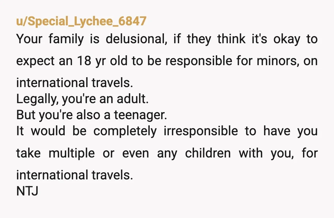 u/RubyTuesday425
Who in the hell thinks it’s a good idea to have a freshly graduated 18M take 5-12 yo children on an overseas trip alone?!?!?!?