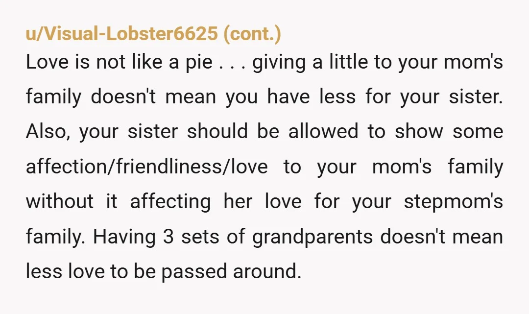 u/PeachyLeeks NTA. I’m 100% confident that your stepmom and probably also your dad are talking to your sister about this and asking her why you won’t just be a part...