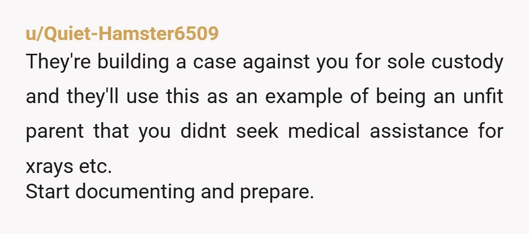 u/Quiet-Hamster6509 They're building a case against you for sole custody and they'll use this as an example of being an unfit parent that you didnt seek medical assistance for xrays...