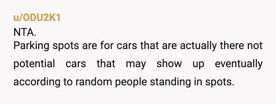 u/vav70 The old man being the arbiter of parking rules cracks me up! NTA. If there's multiple cars circling 2 lots for 20 minutes--plus however long she had been standing...