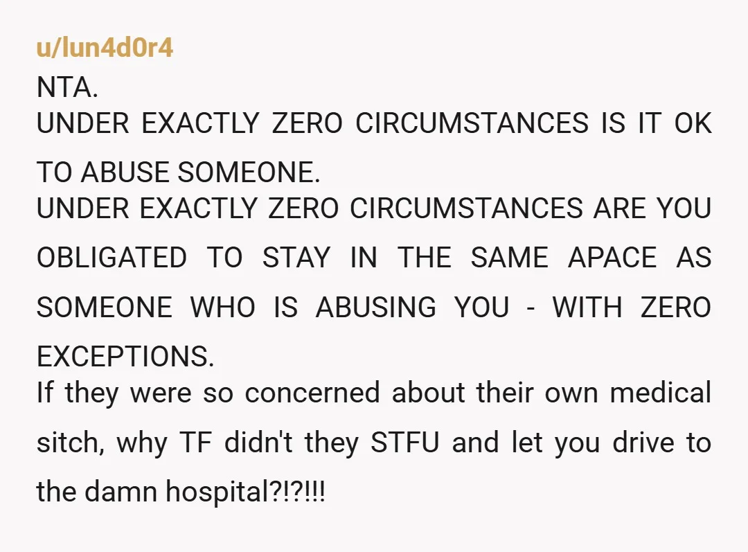 u/MoreTeacher3729 As so.eone who has had several medical emergencies, you are not an AH. There isn't any reason to act that way towards the driver of the moving vehicle unless...