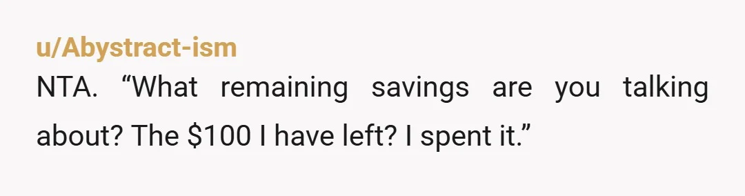 u/Abystract-ism NTA. “What remaining savings are you talking about? The $100 I have left? I spent it.”