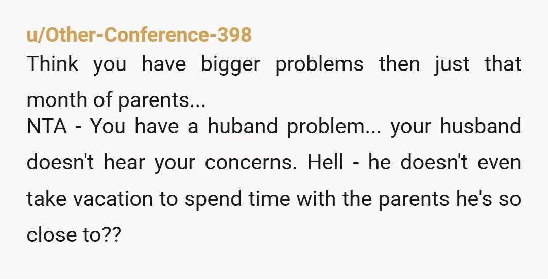 u/Other-Conference-398 Think you have bigger problems then just that month of parents... NTA - You have a huband problem... your husband doesn't hear your concerns. Hell - he doesn't even...