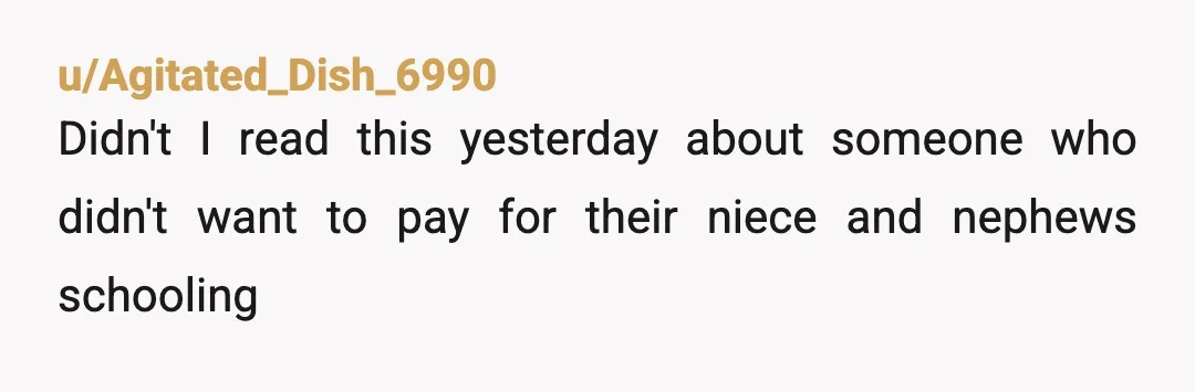 u/Agitated_Dish_6990
Didn't I read this yesterday about someone who didn't want to pay for their niece and nephews schooling