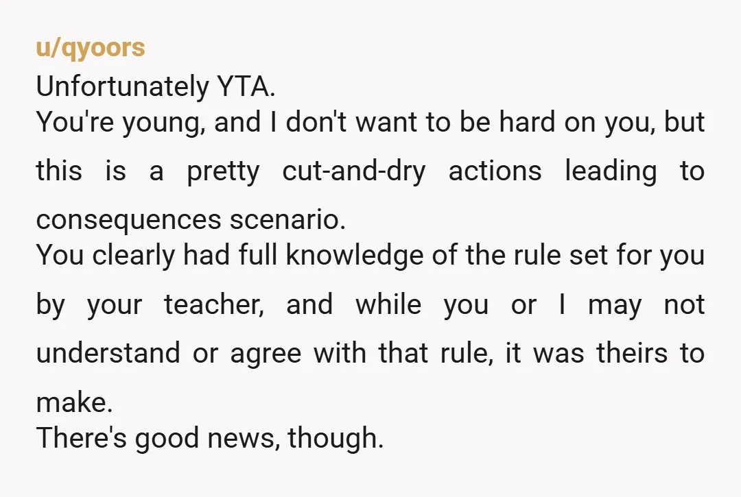 u/leyn6 If I were a teen, I'd say you were very clever and that teacher is SO unfair to you both, especially because you tried to apologise. As an adult,...