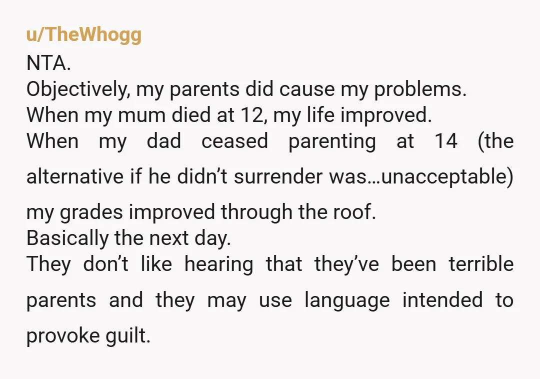 u/TheWhogg NTA. Objectively, my parents did cause my problems. When my mum died at 12, my life improved. When my dad ceased parenting at 14 (the alternative if he didn’t...