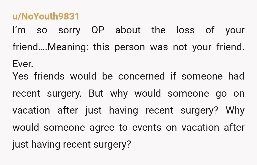 u/Razrgrrl NTA she’s an adult who can make her own choices. She could have said she’s not up for it and returned by herself instead of insisting the entire group...