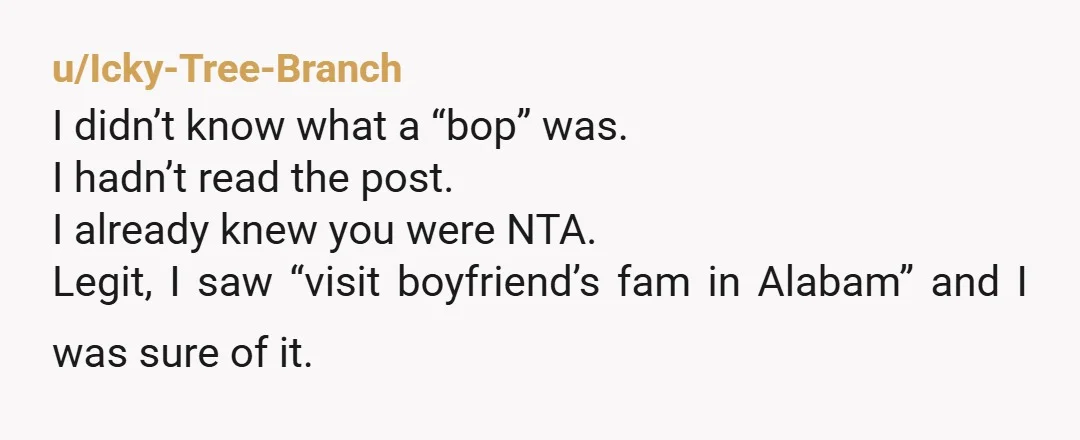 u/Icky-Tree-Branch I didn’t know what a “bop” was. I hadn’t read the post. I already knew you were NTA. Legit, I saw “visit boyfriend’s fam in Alabam” and I was...