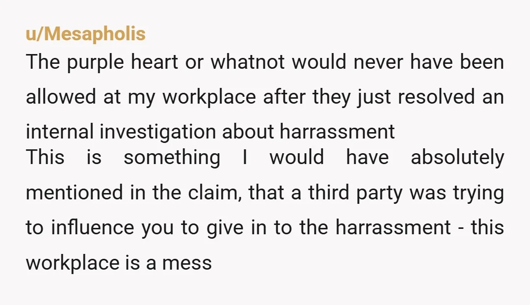 u/Mesapholis The purple heart or whatnot would never have been allowed at my workplace after they just resolved an internal investigation about harrassment This is something I would have absolutely...