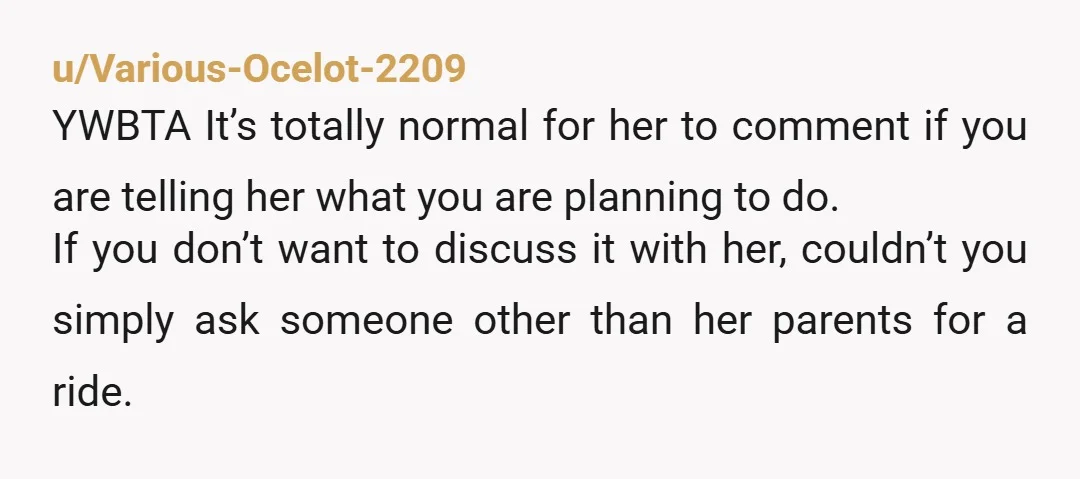 u/Various-Ocelot-2209 YWBTA It’s totally normal for her to comment if you are telling her what you are planning to do. If you don’t want to discuss it with her, couldn’t...