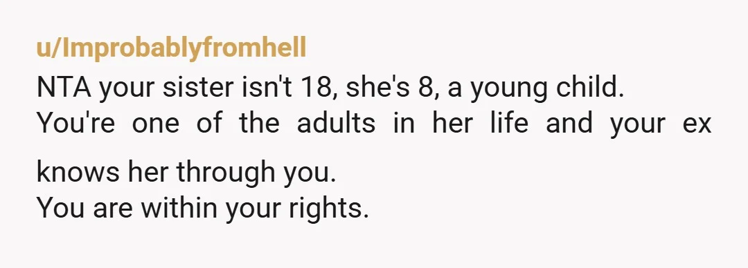 u/EmptyPomegranete NTA. All these YTAs are bots dog piling. Guarantee it. It is NOT appropriate for an adult ex girlfriend to try and maintain a friendship with an 8 year...