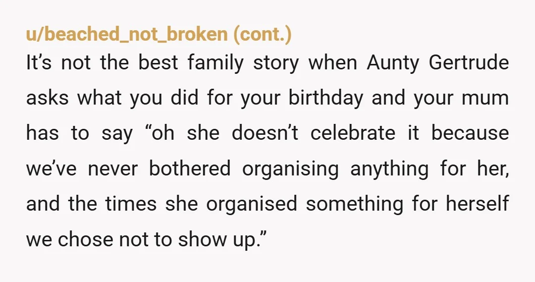 u/CSurvivor9 You're allowed to say no to birthday celebrations. The part I don't get is why you asked your mother if your sister was still upset. If you really don't...