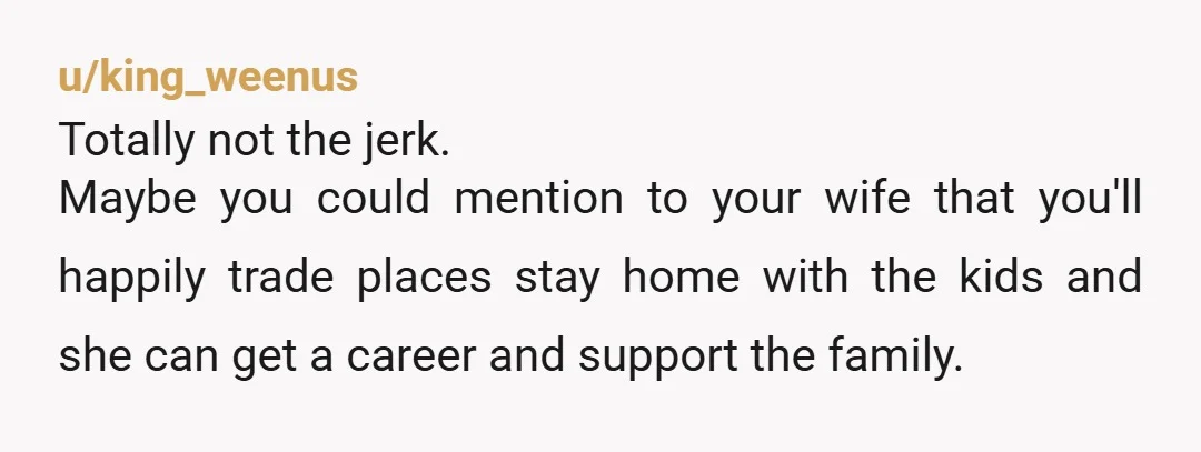 u/king_weenus Totally not the jerk. Maybe you could mention to your wife that you'll happily trade places stay home with the kids and she can get a career and support...