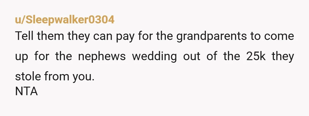 u/Sleepwalker0304
Tell them they can pay for the grandparents to come up for the nephews wedding out of the 25k they stole from you.
NTA
