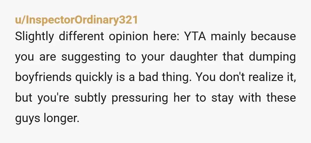 u/Pixatron32 What's the problem with her having different boyfriends? Your joke doesn't respect her or her yearning to find the love that you were lucky to find. Perhaps try to...
