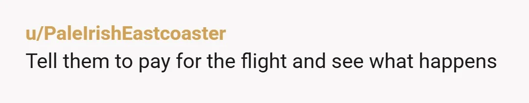 u/PaleIrishEastcoaster
Tell them to pay for the flight and see what happens 