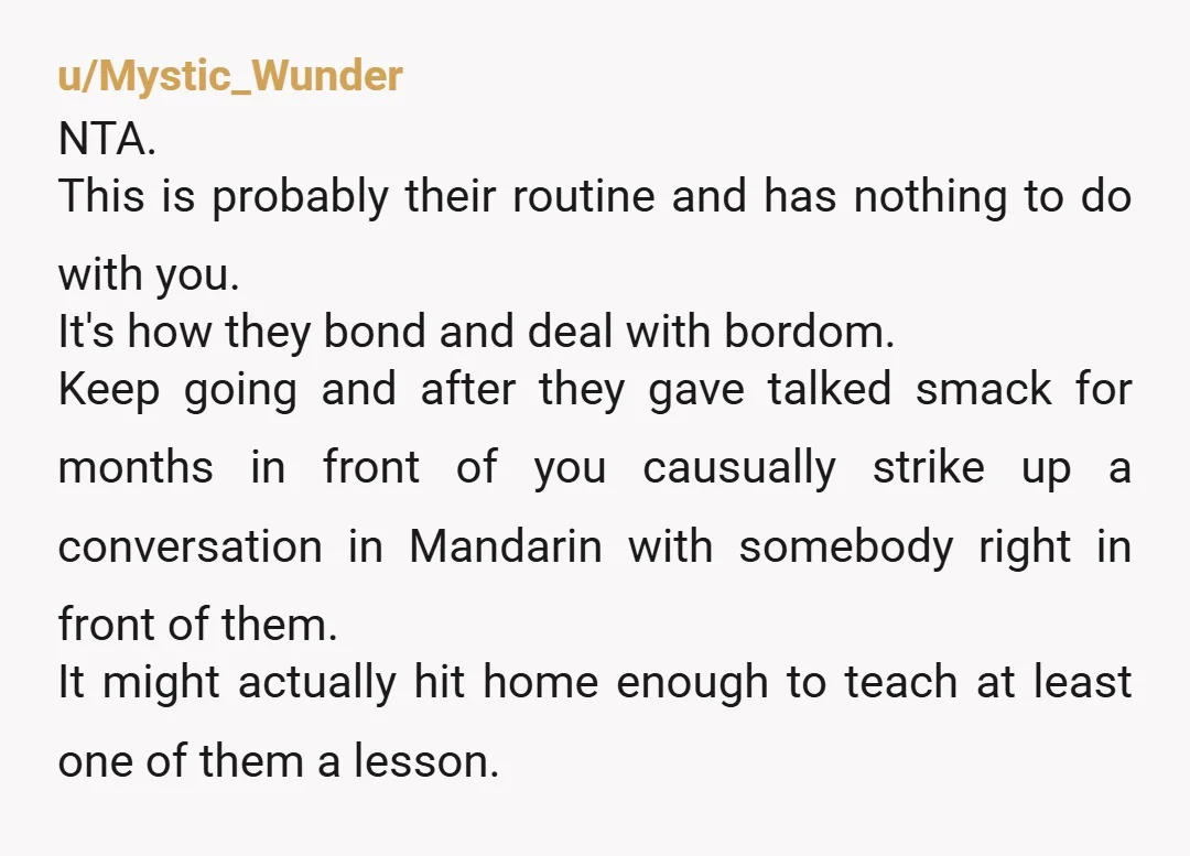 u/goldentalus70 NTA. They're probably just being catty b**** who don't know you understand them. Tell them you understand everything they've said, and also ask if they would prefer you take...