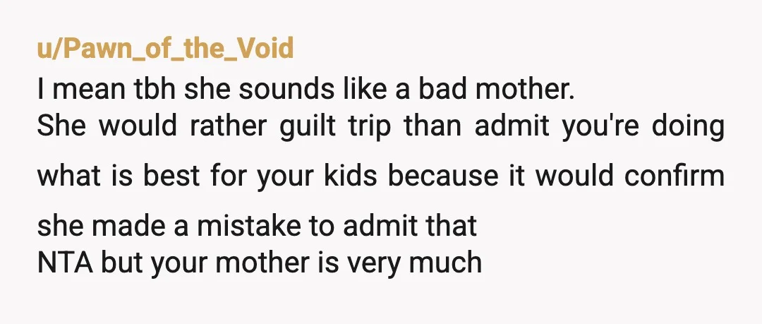 u/Pawn_of_the_Void I mean tbh she sounds like a bad mother. She would rather guilt trip than admit you're doing what is best for your kids because it would confirm she...