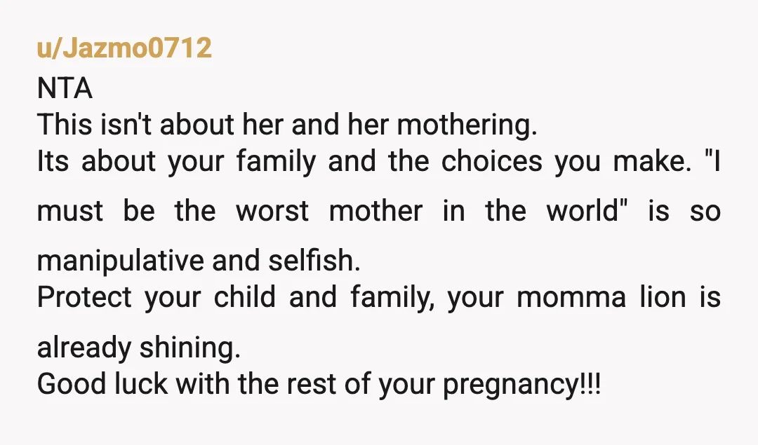 u/Jazmo0712 NTA This isn't about her and her mothering. Its about your family and the choices you make. "I must be the worst mother in the world" is so manipulative...