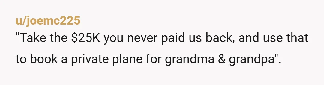 u/joemc225
"Take the $25K you never paid us back, and use that to book a private plane for grandma & grandpa".