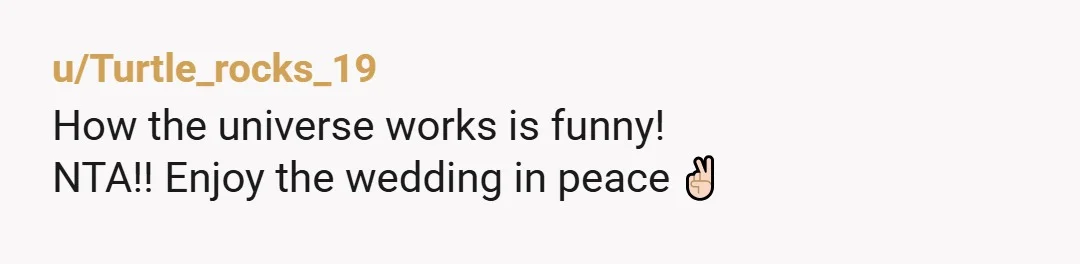 u/Turtle_rocks_19
How the universe works is funny!
NTA!! Enjoy the wedding in peace ✌🏻