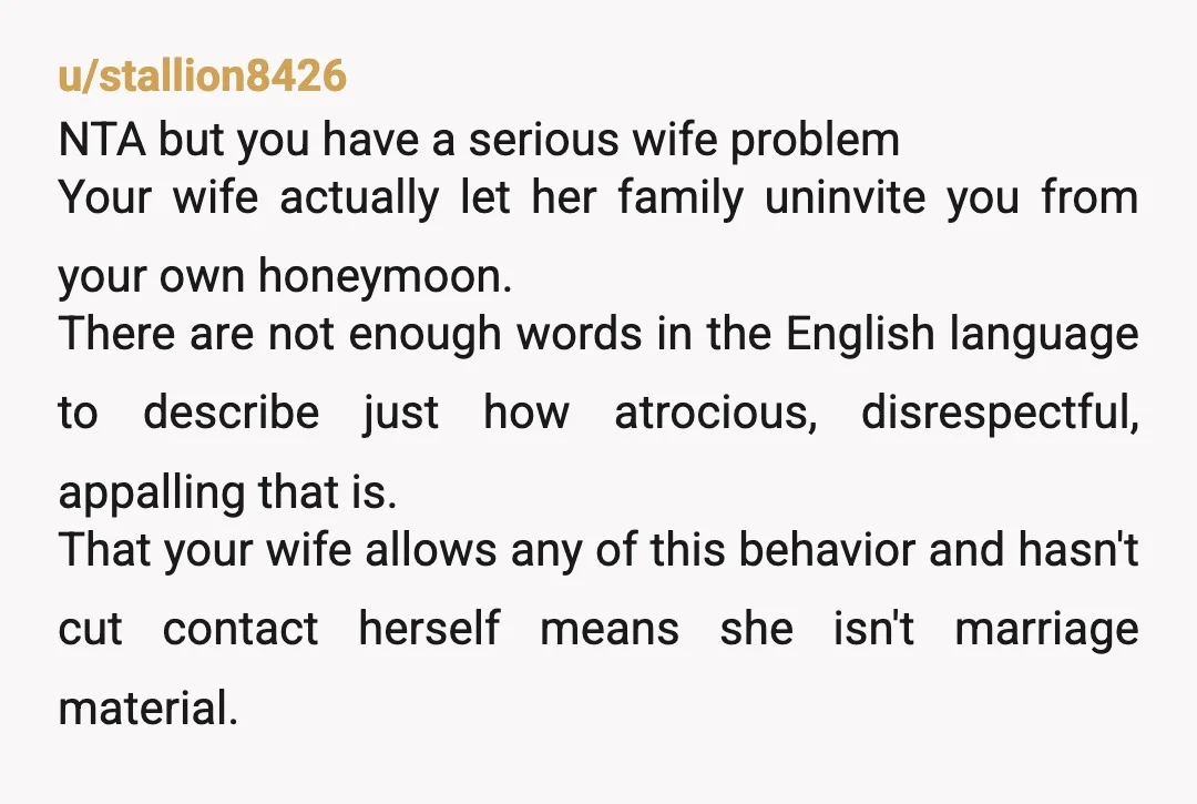 u/stallion8426 NTA but you have a serious wife problem Your wife actually let her family uninvite you from your own honeymoon. There are not enough words in the English language...