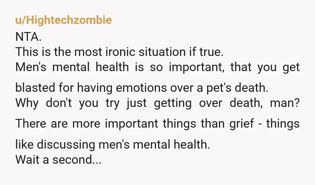 u/Hightechzombie NTA. This is the most ironic situation if true. Men's mental health is so important, that you get blasted for having emotions over a pet's death. Why don't you...