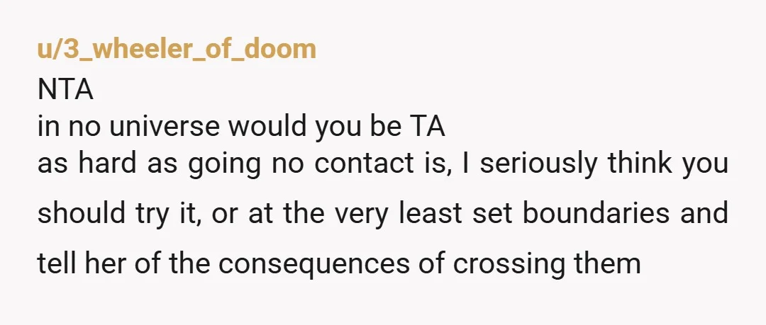 u/3_wheeler_of_doom NTA in no universe would you be TA as hard as going no contact is, I seriously think you should try it, or at the very least set boundaries...
