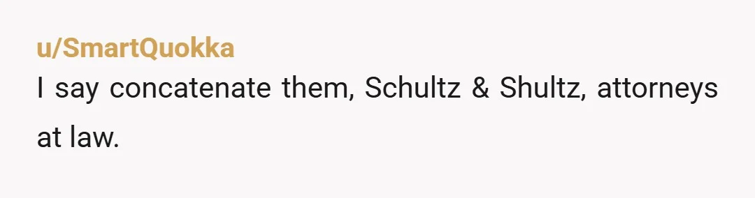 u/SmartQuokka I say concatenate them, Schultz & Shultz, attorneys at law.