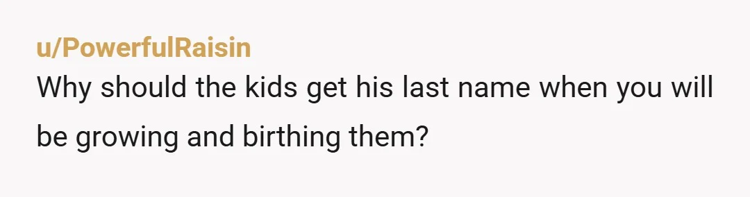 u/PowerfulRaisin Why should the kids get his last name when you will be growing and birthing them?