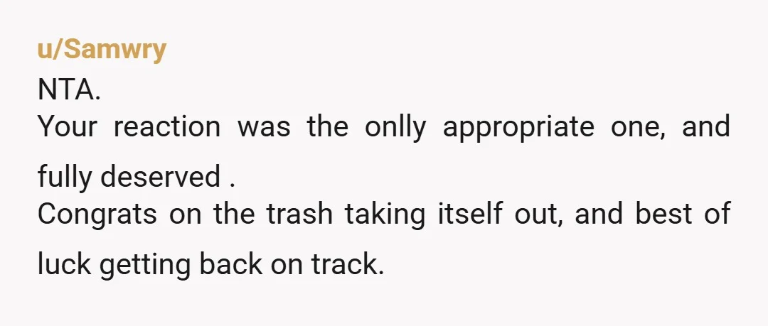 u/Samwry
NTA.
Your reaction was the onlly appropriate one, and fully deserved .
Congrats on the trash taking itself out, and best of luck getting back on track.