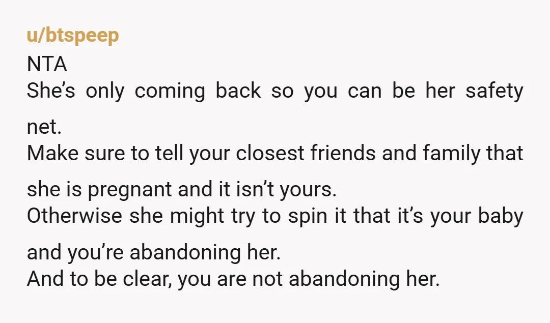 u/btspeep NTA She’s only coming back so you can be her safety net. Make sure to tell your closest friends and family that she is pregnant and it isn’t yours....