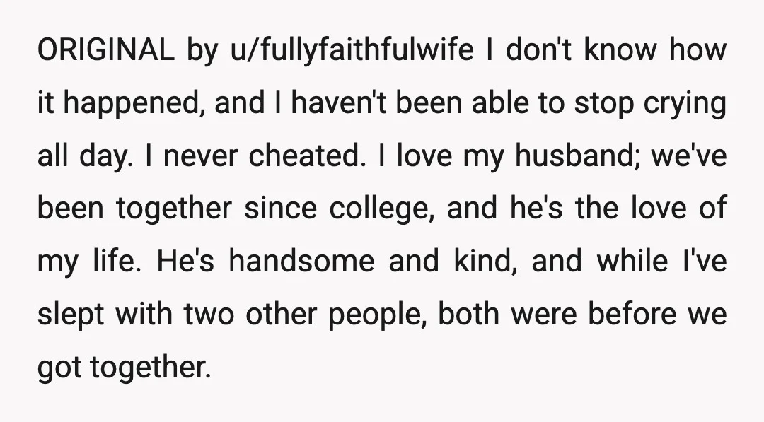 ORIGINAL by u/fullyfaithfulwife I don't know how it happened, and I haven't been able to stop crying all day. I never cheated. I love my husband; we've been together since...