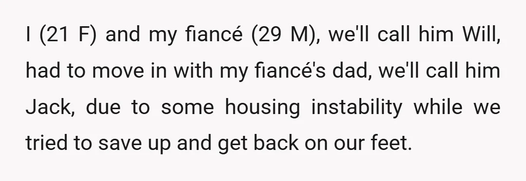 I (21 F) and my fiancé (29 M), we'll call him Will, had to move in with my fiancé's dad, we'll call him Jack, due to some housing instability while...