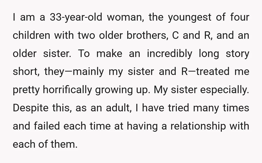 I am a 33-year-old woman, the youngest of four children with two older brothers, C and R, and an older sister. To make an incredibly long story short, they—mainly my...