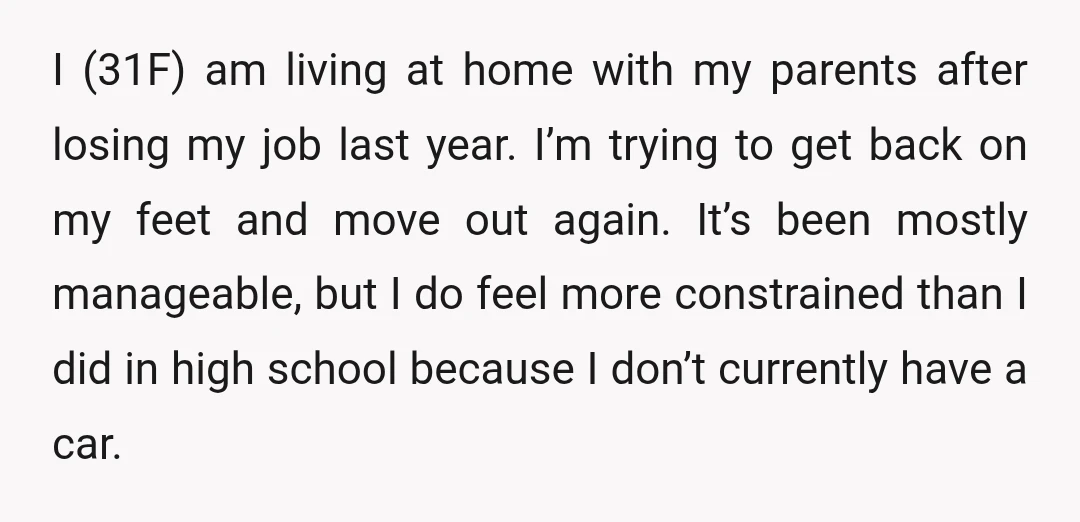 I (31F) am living at home with my parents after losing my job last year. I’m trying to get back on my feet and move out again. It’s been mostly...