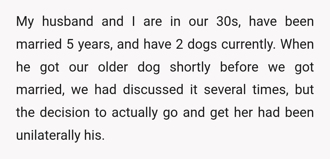 My husband and I are in our 30s, have been married 5 years, and have 2 dogs currently. When he got our older dog shortly before we got married, we...