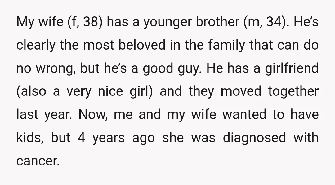 My wife (f, 38) has a younger brother (m, 34). He’s clearly the most beloved in the family that can do no wrong, but he’s a good guy. He has...