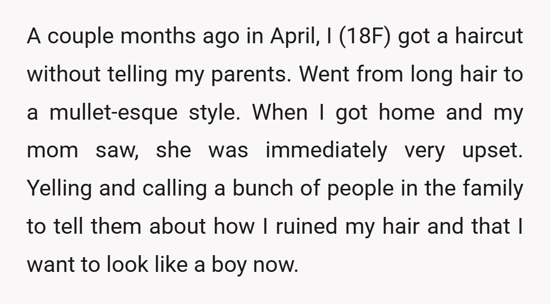 A couple months ago in April, I (18F) got a haircut without telling my parents. Went from long hair to a mullet-esque style. When I got home and my mom...