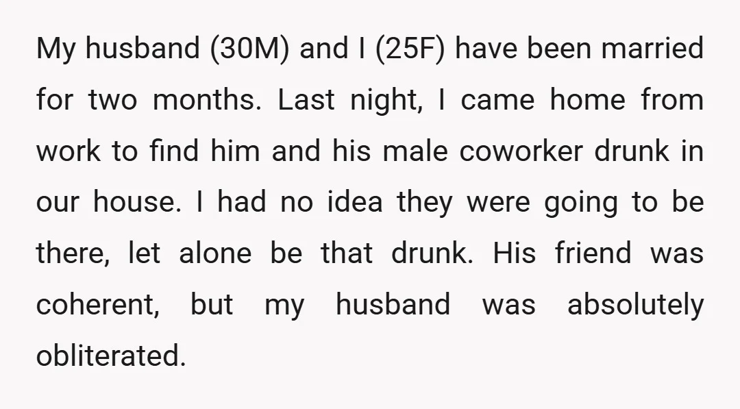 My husband (30M) and I (25F) have been married for two months. Last night, I came home from work to find him and his male coworker drunk in our house....