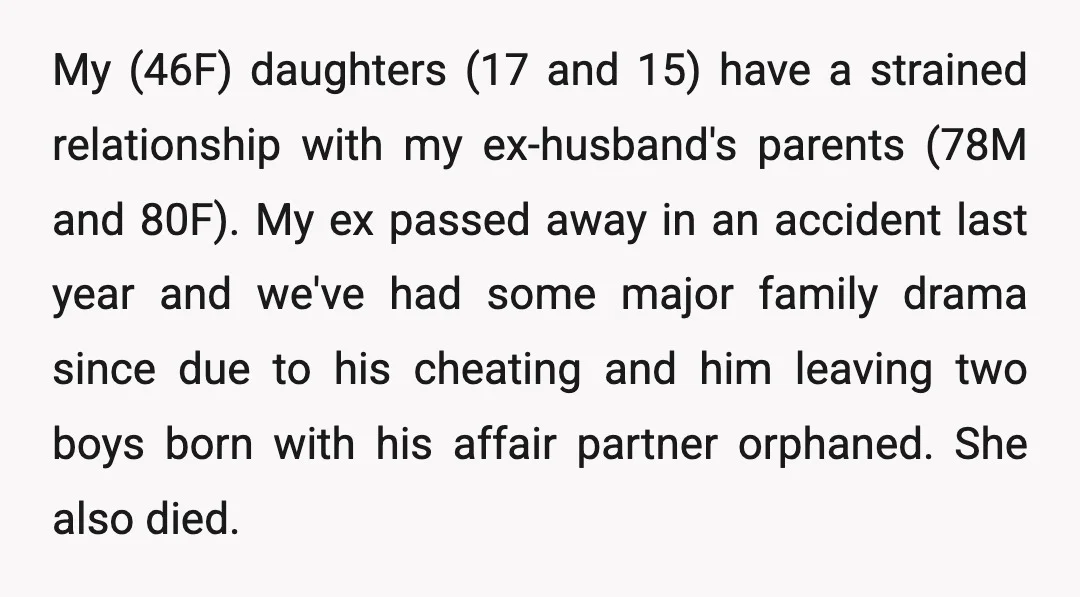 My (46F) daughters (17 and 15) have a strained relationship with my ex-husband's parents (78M and 80F). My ex passed away in an accident last year and we've had some...
