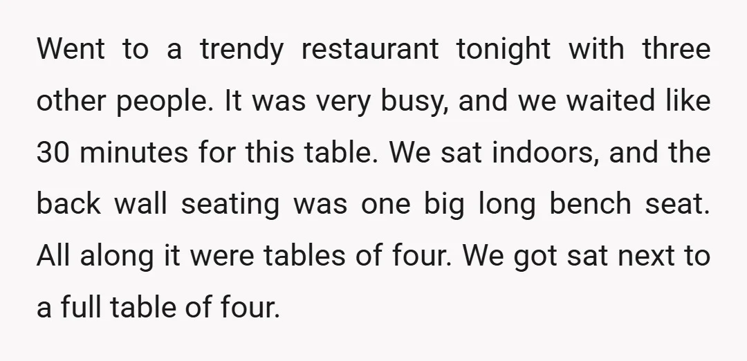 Went to a trendy restaurant tonight with three other people. It was very busy, and we waited like 30 minutes for this table. We sat indoors, and the back wall...