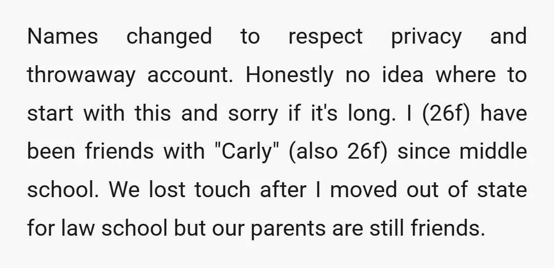 Names changed to respect privacy and throwaway account. Honestly no idea where to start with this and sorry if it's long. I (26f) have been friends with "Carly" (also 26f)...