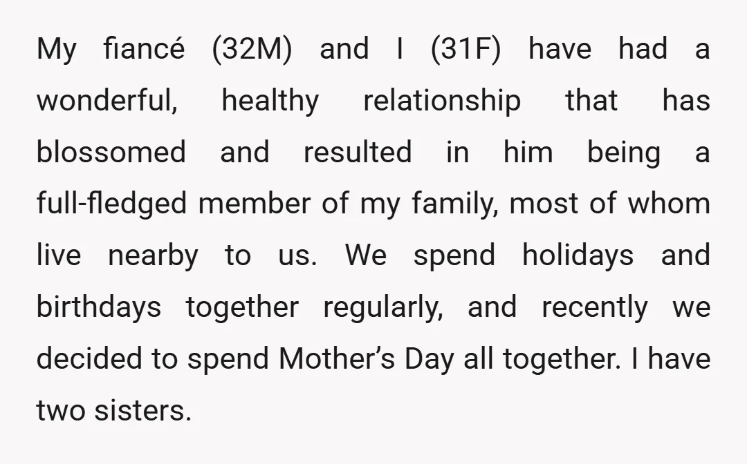 My fiancé (32M) and I (31F) have had a wonderful, healthy relationship that has blossomed and resulted in him being a full-fledged member of my family, most of whom live...