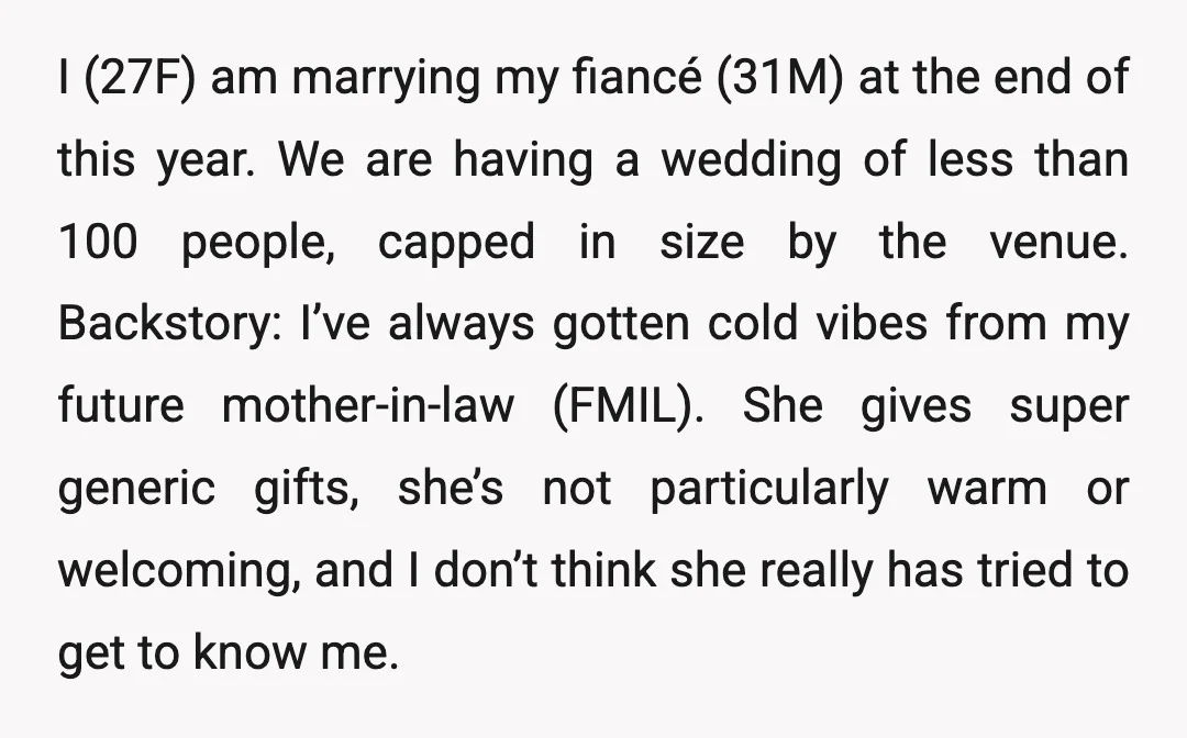 I (27F) am marrying my fiancé (31M) at the end of this year. We are having a wedding of less than 100 people, capped in size by the venue. Backstory:...